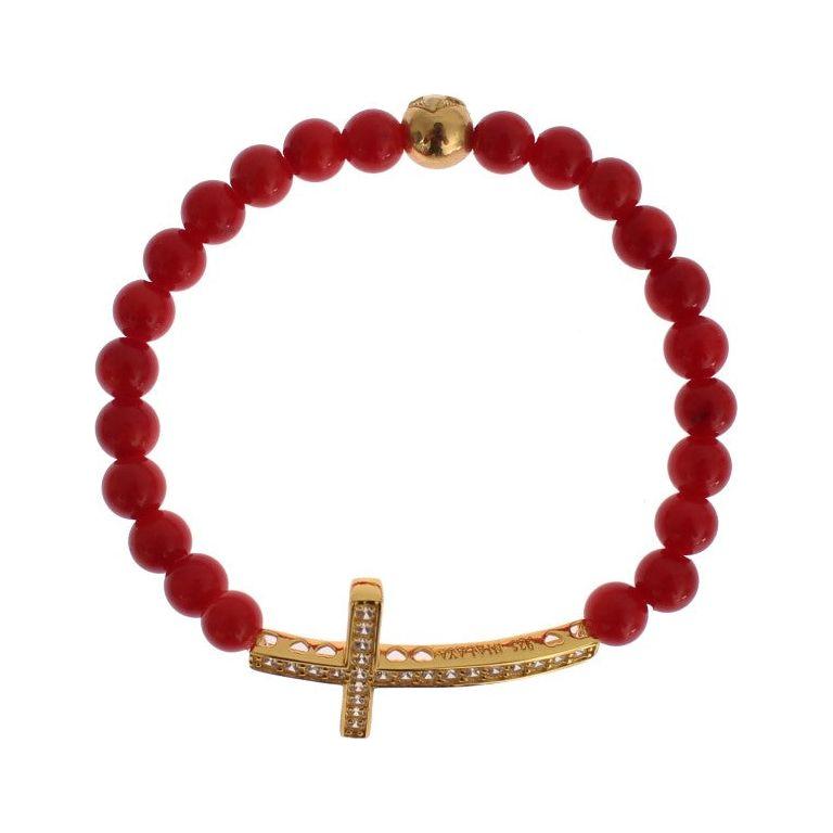 Nialaya Red Coral Gold CZ Cross 925 Silver Bracelet
