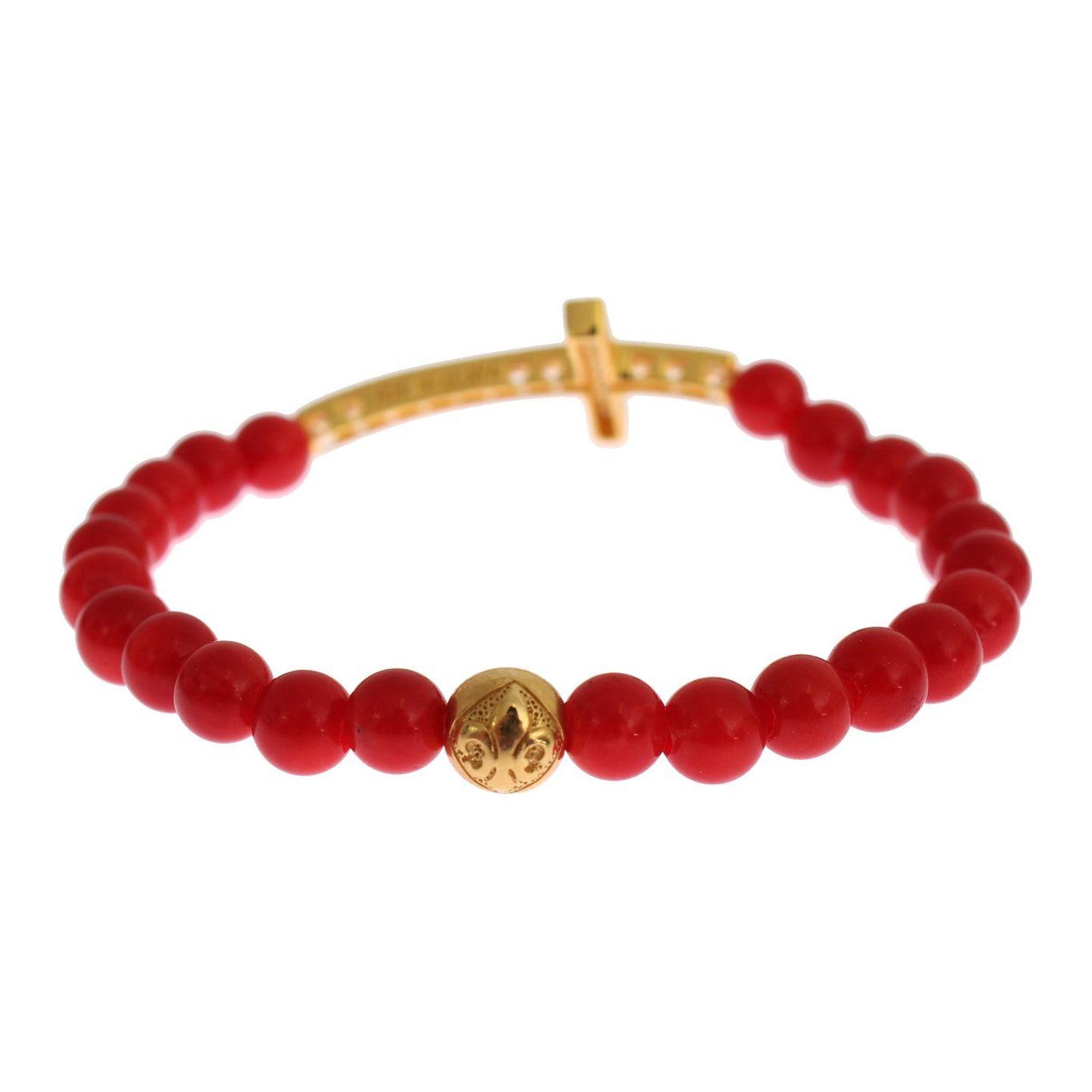 Nialaya Red Coral Gold CZ Cross 925 Silver Bracelet
