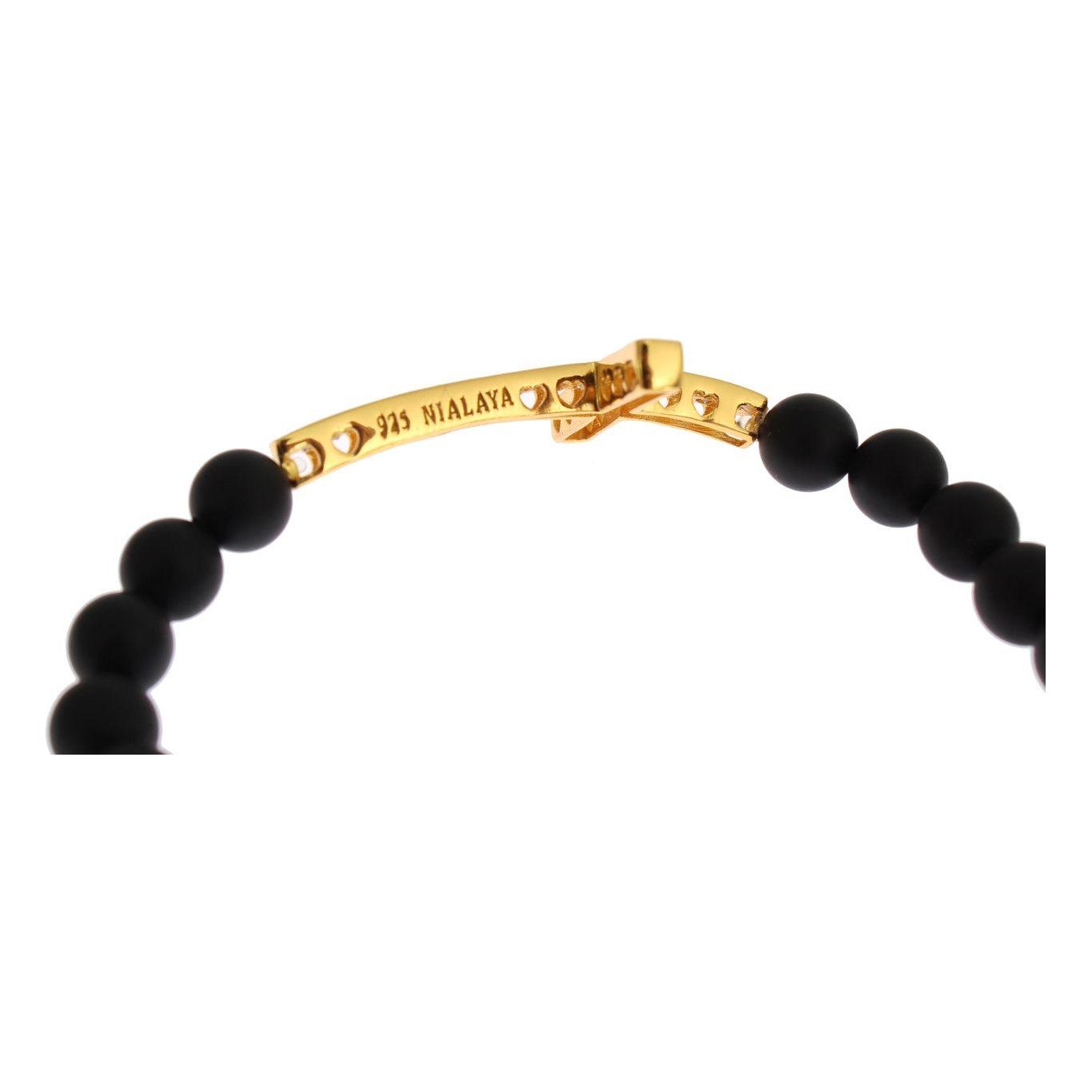 Nialaya Matte Onyx Stone Gold CZ Cross 925 Silver Bracelet