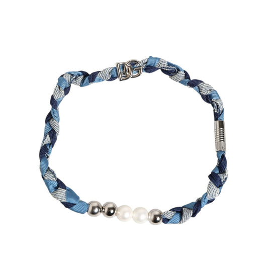 Dolce & Gabbana Blue White Braided Silver Metal Logo Beaded Men Bracelet