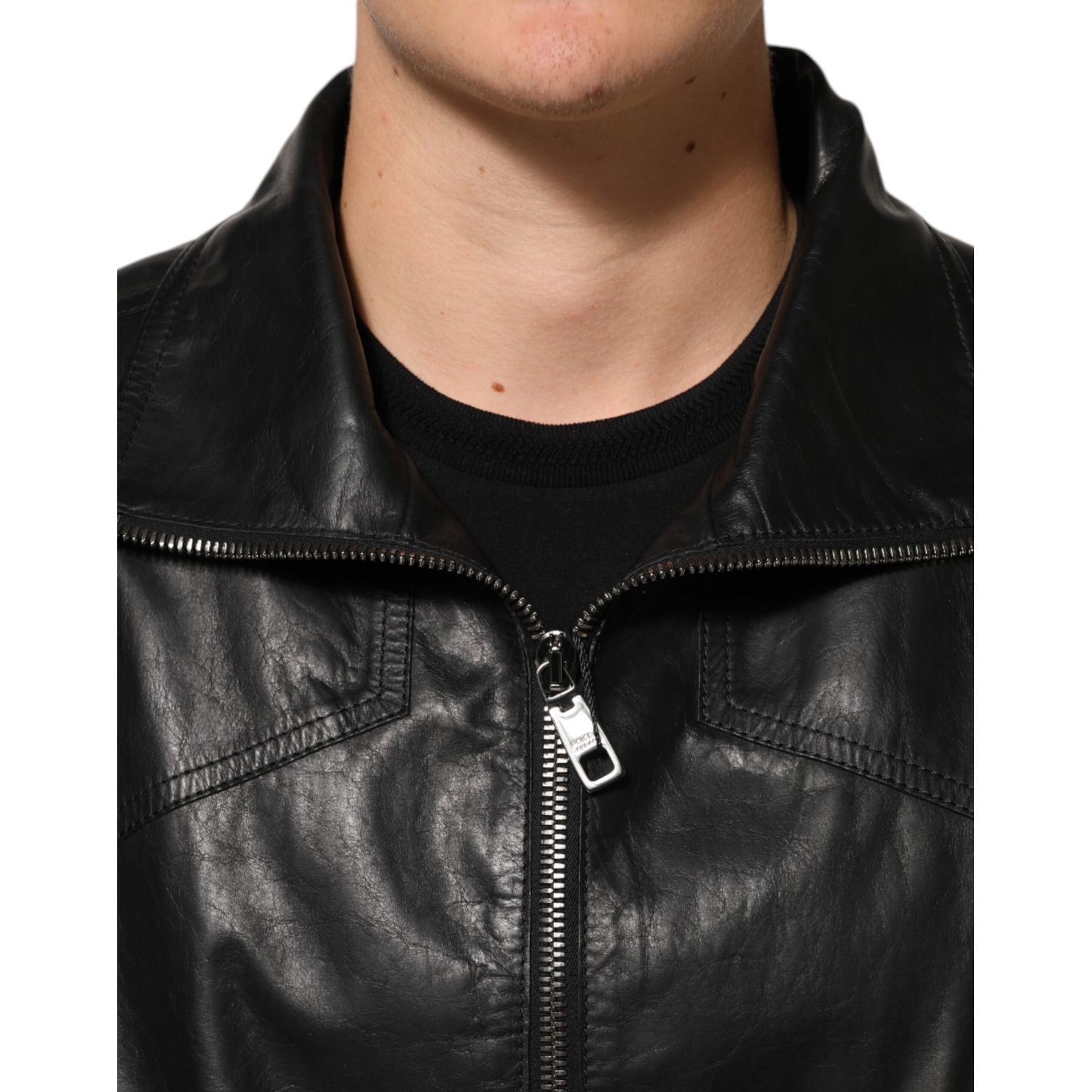 Dolce & Gabbana Black Leather Full Zip Biker Blouson Jacket
