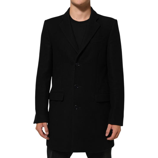 Dolce & Gabbana Black Wool Buttoned Men Trench Coat Jacket
