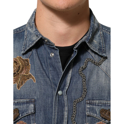 Dolce & Gabbana Blue Angel Patch Denim Buttoned Down Men Shirt