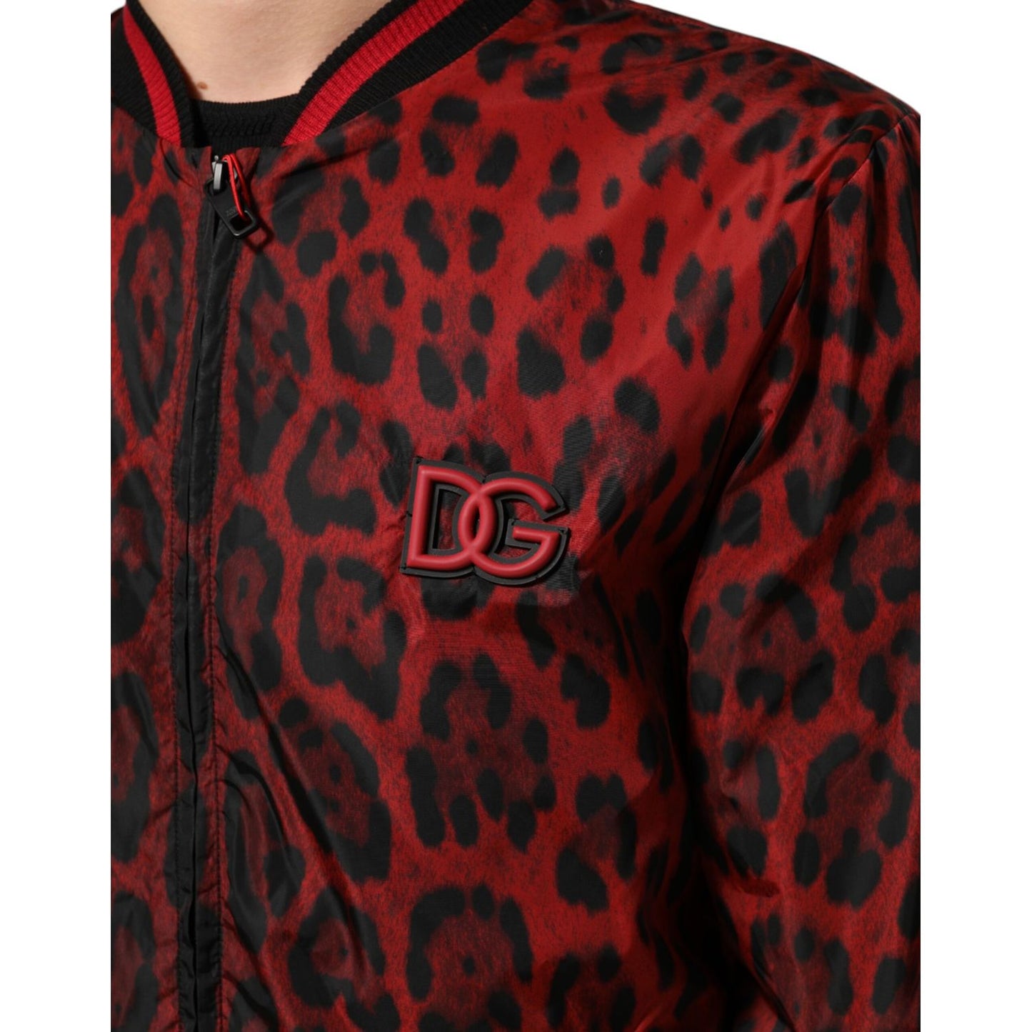 Dolce & Gabbana Red Leopard Print Full Zip Bomber Jacket