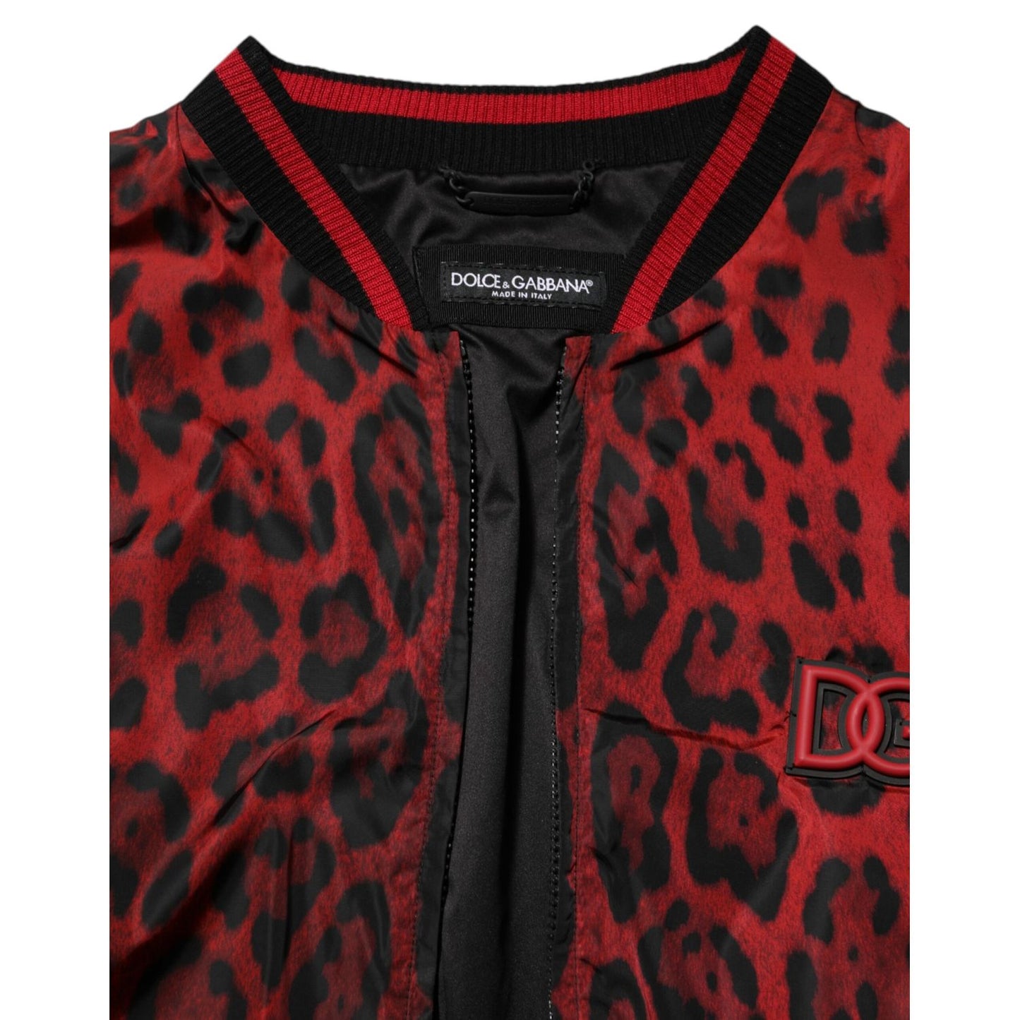 Dolce & Gabbana Red Leopard Print Full Zip Bomber Men Jacket