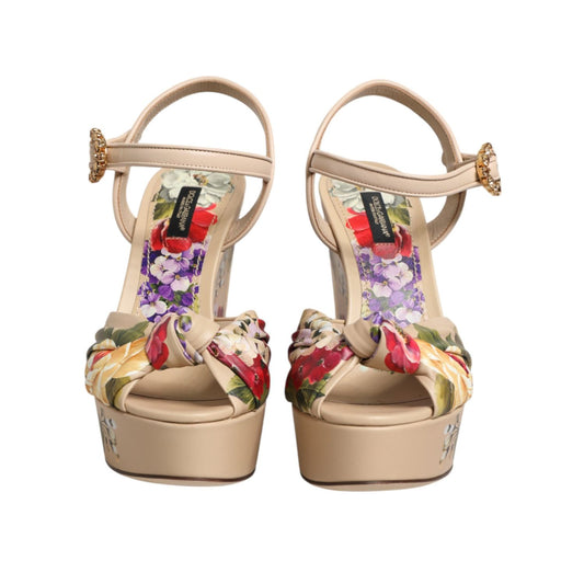 Dolce & Gabbana Beige Floral Ankle Strap Wedge Sandals Shoes