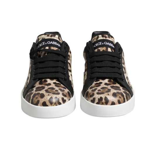 Dolce & Gabbana Brown Leather Leopard Low Top Sneakers Shoes