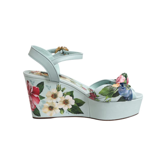Dolce & Gabbana Green Floral Ankle Strap Wedge Sandals Shoes