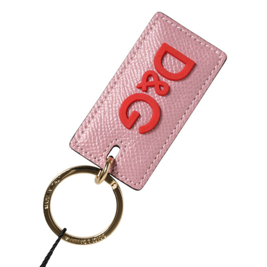 Dolce & Gabbana Pink Calf Leather Logo Metal Ring Men Keychain Keyring
