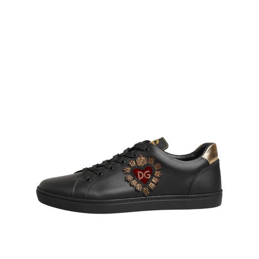 Dolce & Gabbana Black Leather Heart Embellished Sneakers Shoes