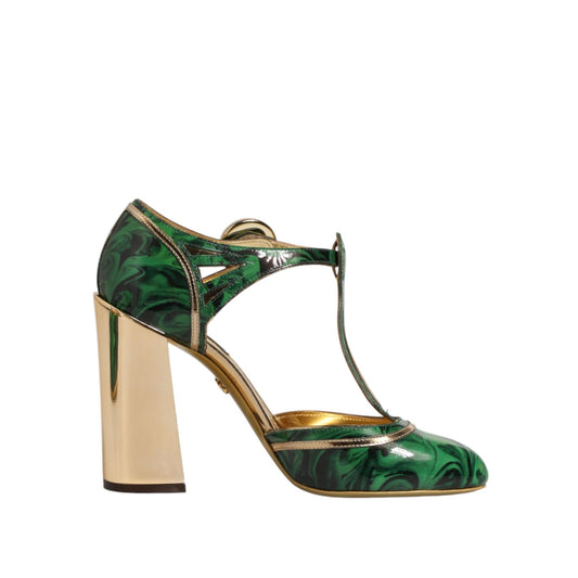 Dolce & Gabbana Green Leather T-STRAPS Heels Sandals Shoes