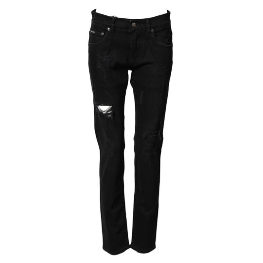Dolce & Gabbana Black Tattered Cotton Men Skinny Denim Jeans