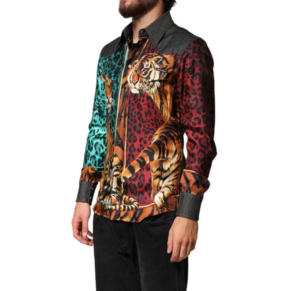 Dolce & Gabbana Multicolor Tiger Leopard Print Silk Men Shirt