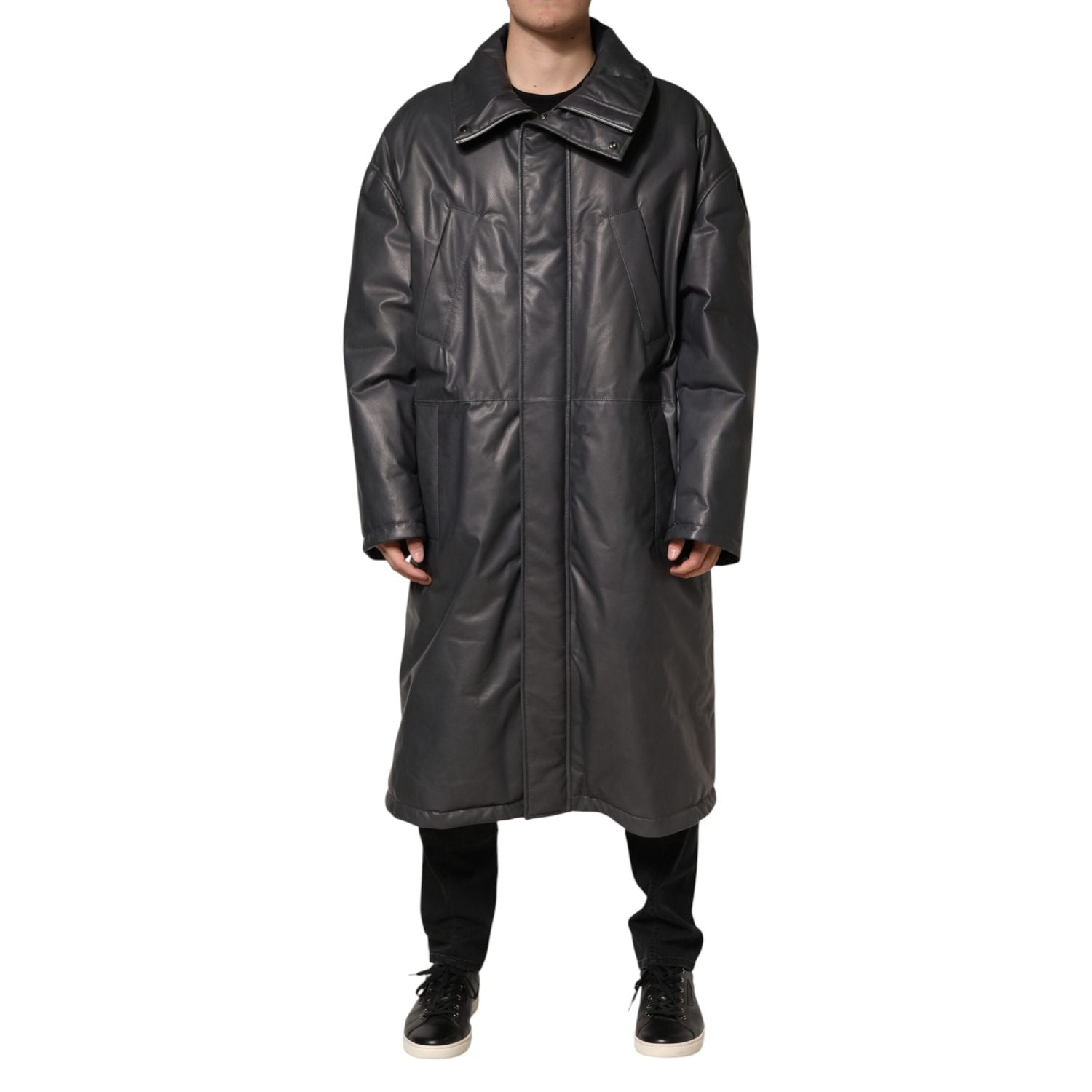 Dolce & Gabbana Black Leather Collared Trench Coat Jacket