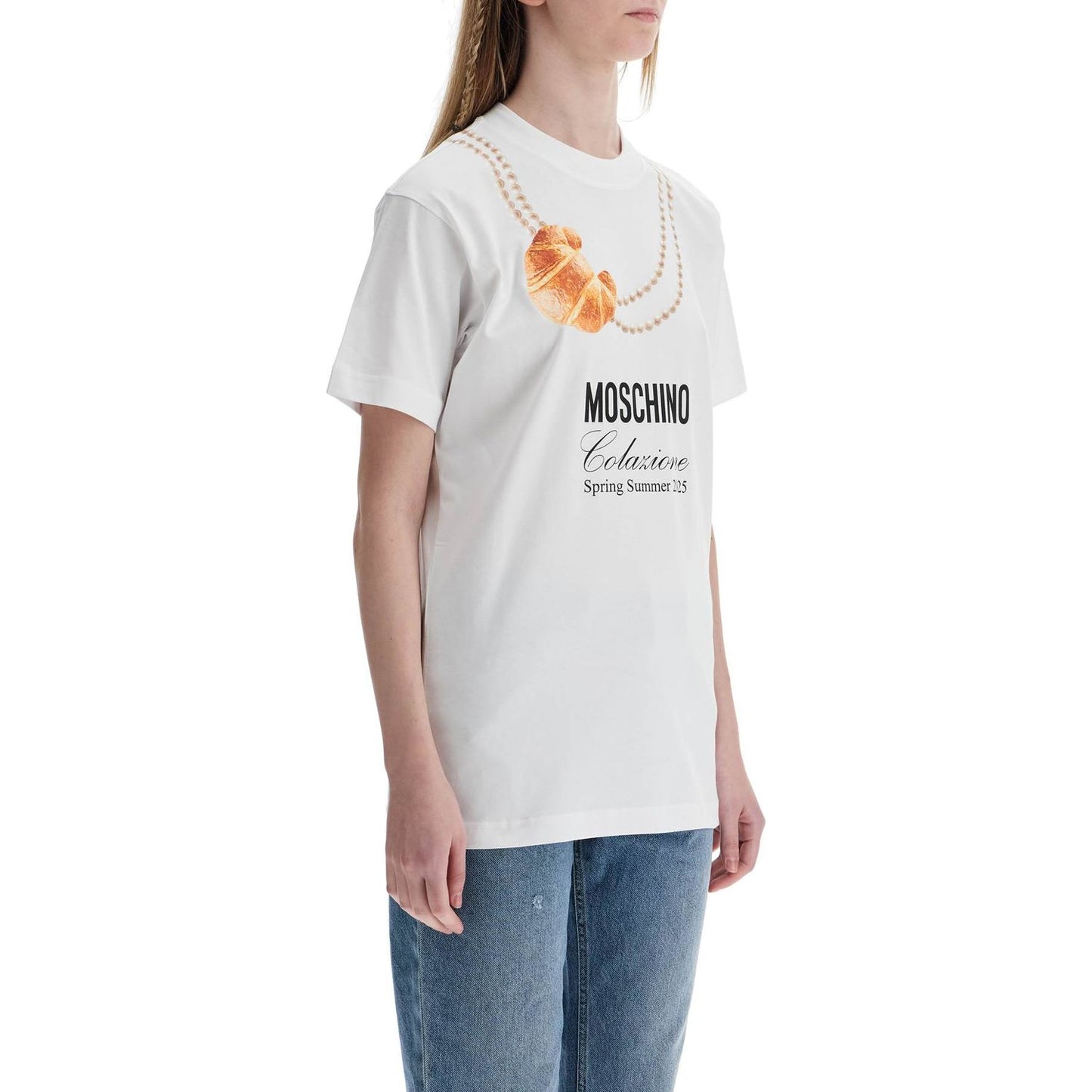 Moschino white cotton t-shirt with croissant and pearls print