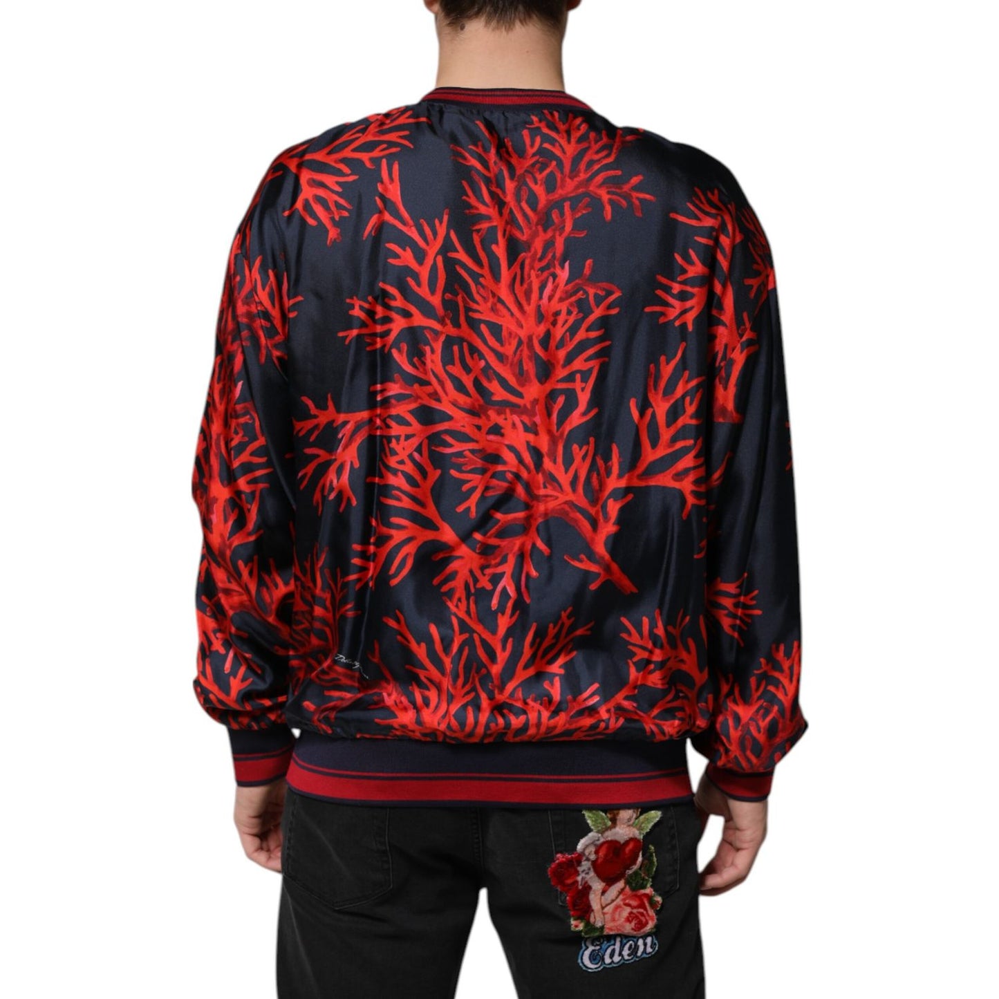 Dolce & Gabbana Navy Red Silk Coral Print Pullover Sweater