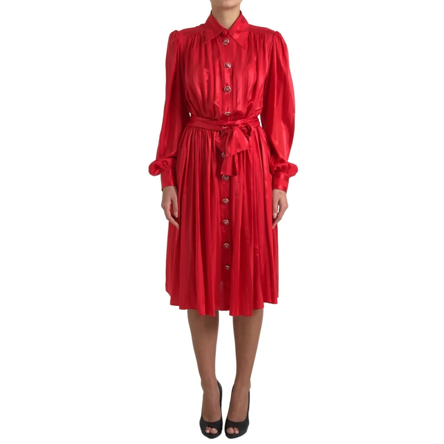 Dolce & Gabbana Red Button Down Belted Midi Satin Silk Dress