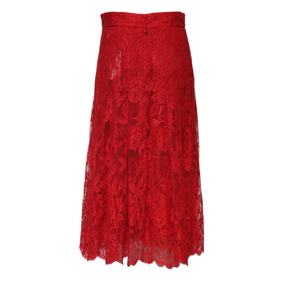 Dolce & Gabbana Red Cotton Floral Lace A-line Long Maxi Skirt