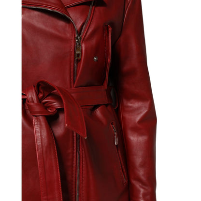 Dolce & Gabbana Red Leather Belted Full Zip Trench Coat Jacket