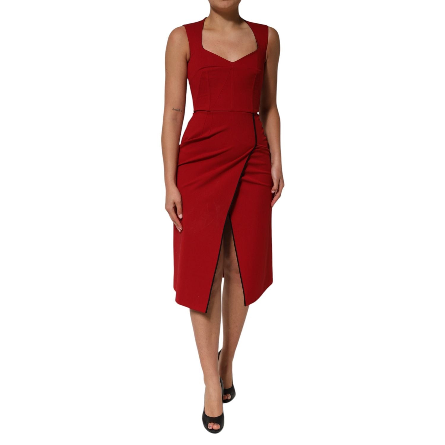 Dolce & Gabbana Red Viscose Stretch Slit Sheath Midi Dress