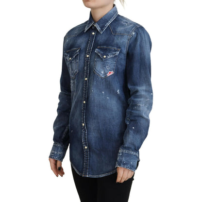 Dsquared² Blue Washed Cotton Button Down Collared Denim Shirt 1728,67345645728,Blue,Clothing,Denim - Shirts - Clothing,Dsquared²,IT38 | XS,Material: 98% Cotton 2% Elastane,Preowned / Defect,Shirts - Clothing,Shirts - Women - Clothing,Women
