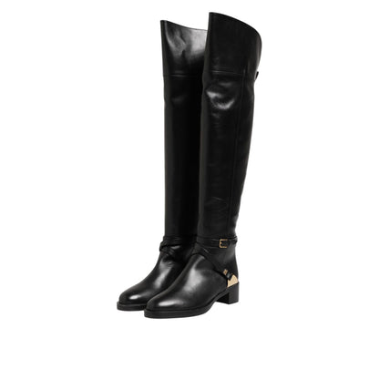 Elisabetta Franchi Black Leather Buckled High Boots Shoes