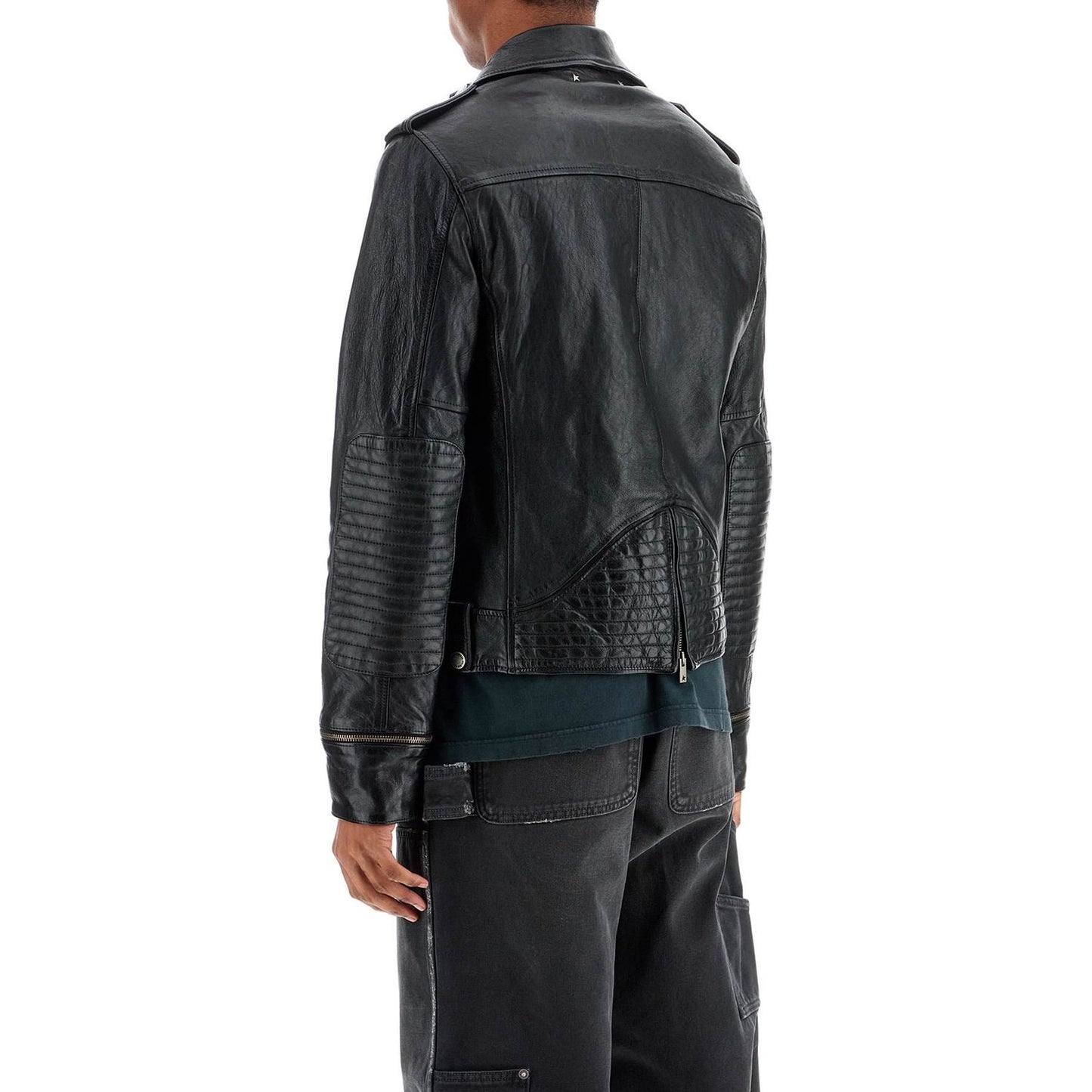 Golden Goose black waxed leather biker jacket with zip