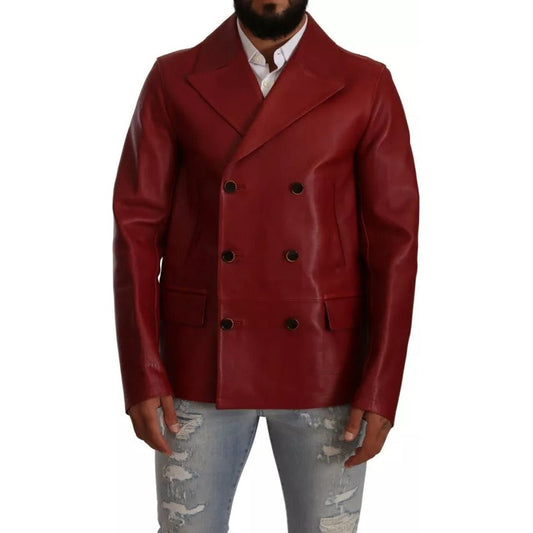 Red Double Breasted Leather Coat Jacket Dolce & Gabbana